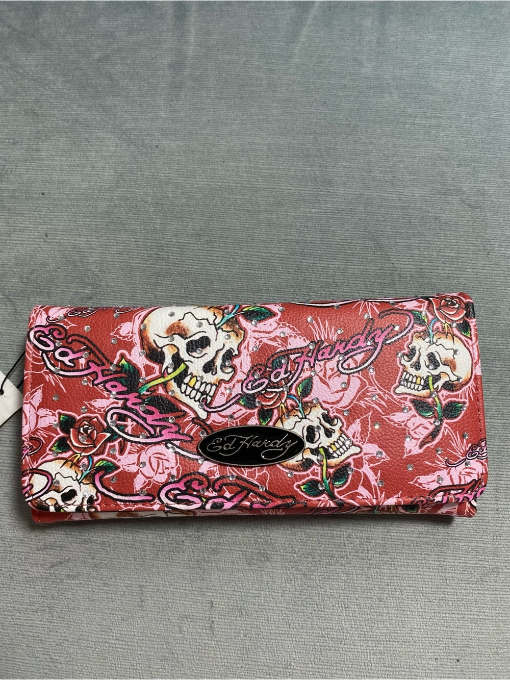 Ed Hardy Red Skull & Rose Tattoo Flap Wallet NWT Rhinestone McBling Y2K